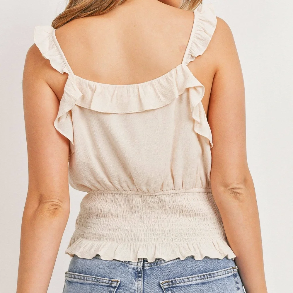 NWT Cream Ruffle Tank Top With Smocked Waist - Picture 5 of 7